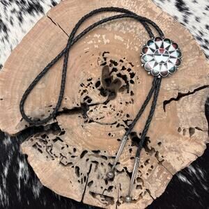 1950s Native American ZUNI Sterling Silver Multi-Stone Inlay Sunface Bolo Tie